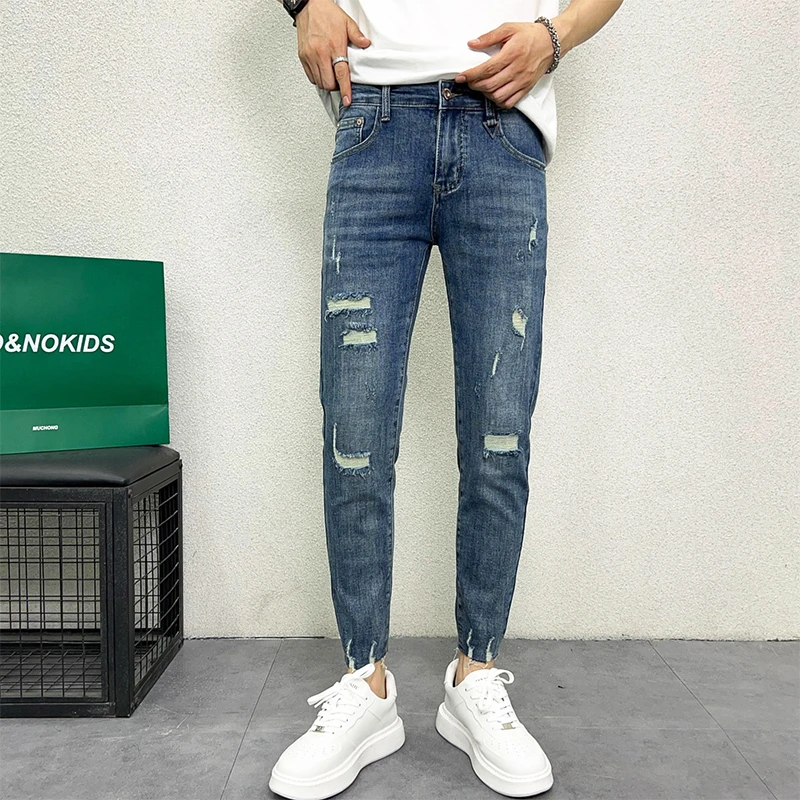 九分破洞牛仔裤男款秋季新款时尚毛边个性潮牌痞帅修身小脚乞丐裤