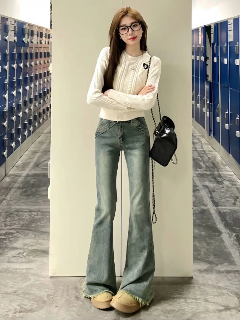 美式做旧复古高腰微喇叭牛仔裤女春秋现款设计感毛边修身显瘦长裤