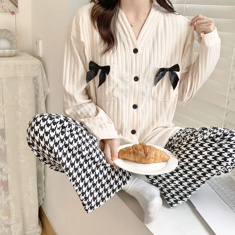 棉月子服睡衣春季长袖开衫可调节哺乳孕妇宽松休闲甜美家居服套装