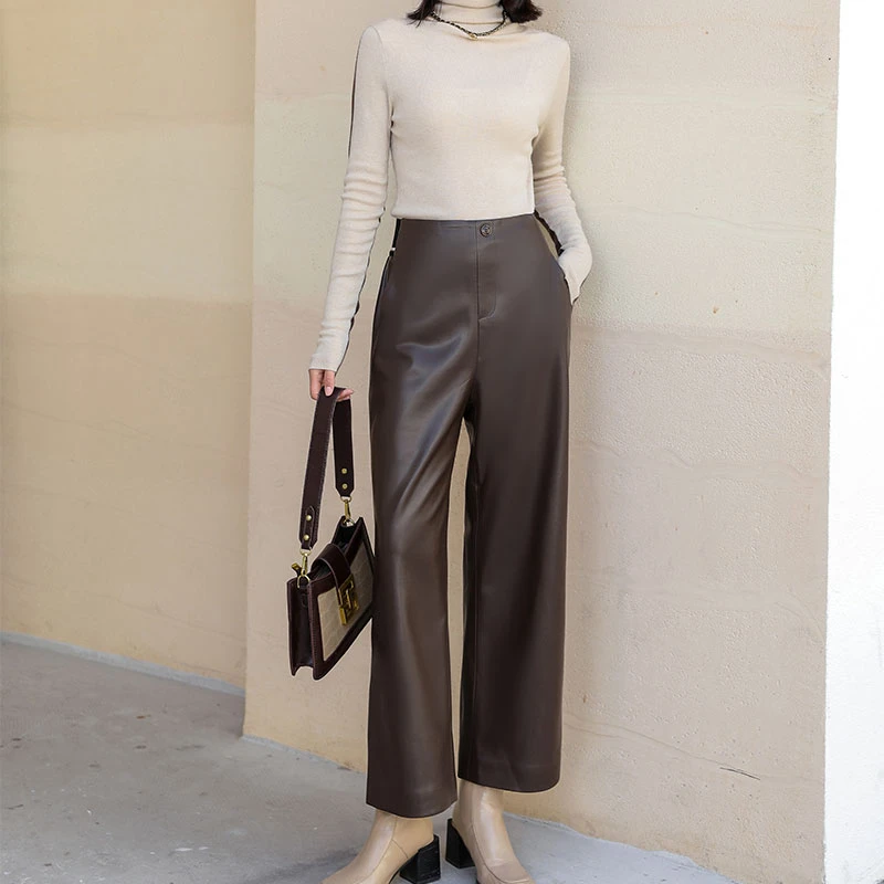 【絮薇】秋冬新款高腰显瘦全内衬优质蛋白PU九分直筒阔腿裤-29613