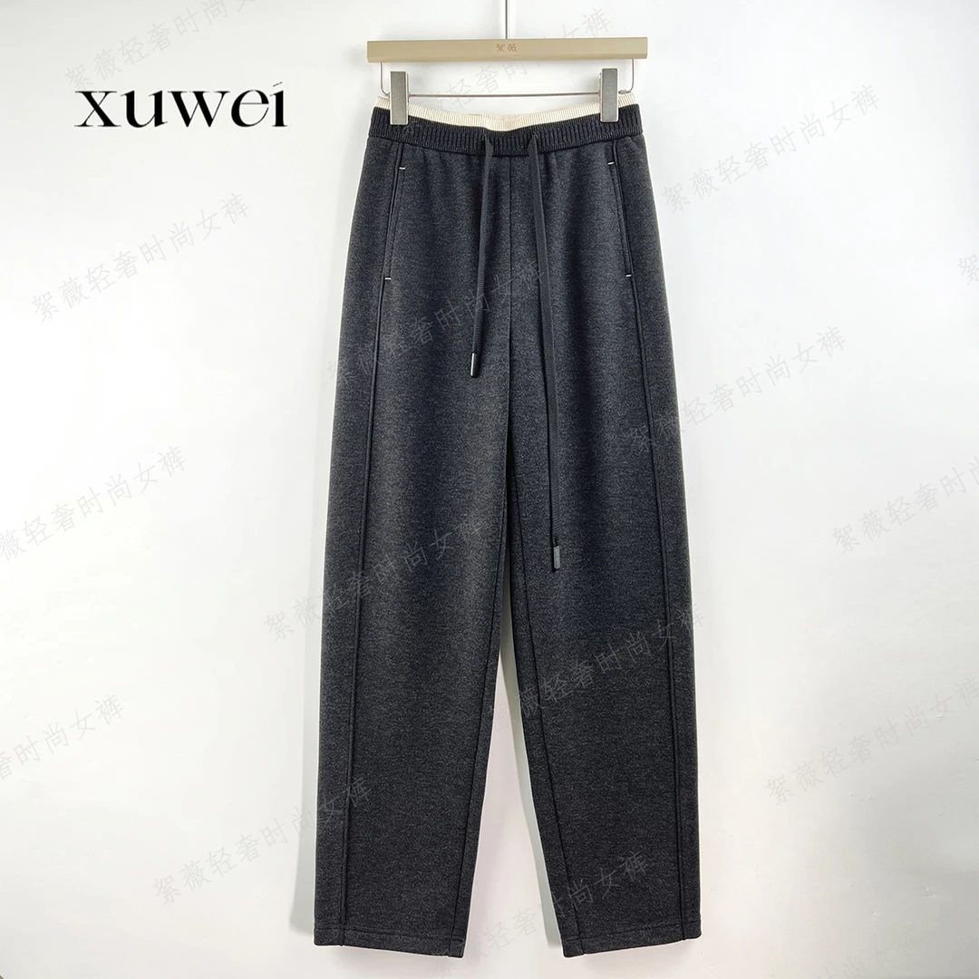 【絮薇】2024冬季新款绵羊毛桑蚕丝加绒加厚松紧高腰小直筒裤-24952