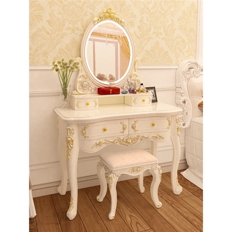 简约卧室网红白色化妆桌奢华带灯化妆台一体落地客厅家用烤漆桌子