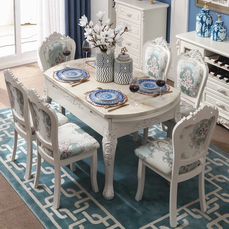 欧式可伸缩餐白色家用桌椅简约长方形圆桌形折叠两用吃饭桌饭桌子