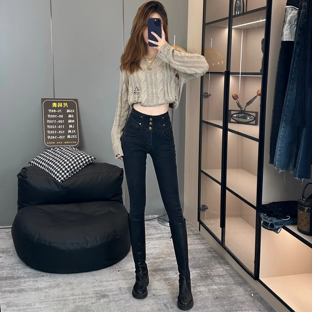 2023新款秋季高腰小脚牛仔裤女修身显瘦小个子百搭紧身铅笔裤