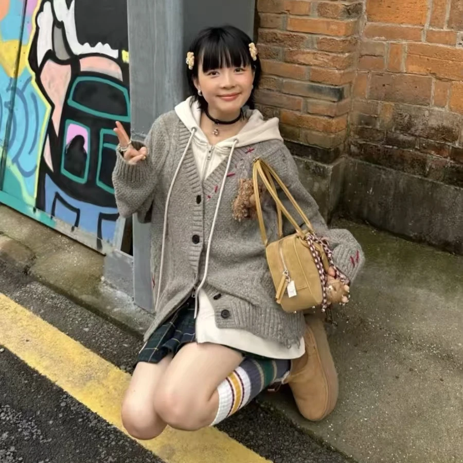 美式学院风毛衣女秋冬宽松设计感假两件拼接针织衫连帽卫衣外套潮