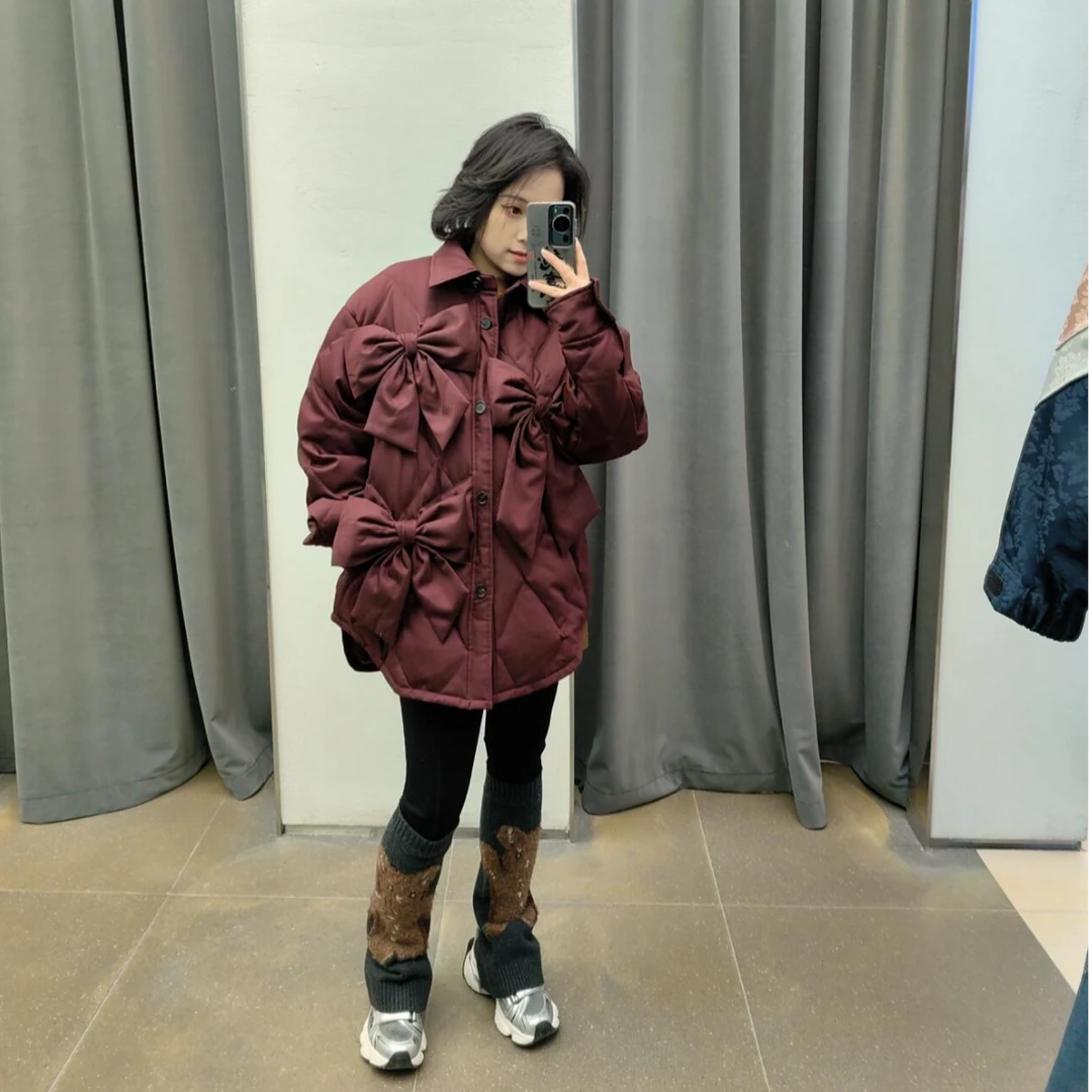 2024冬季新款经典蝴蝶结宽松廓版衬衫式百搭立体蝴蝶结装饰外套