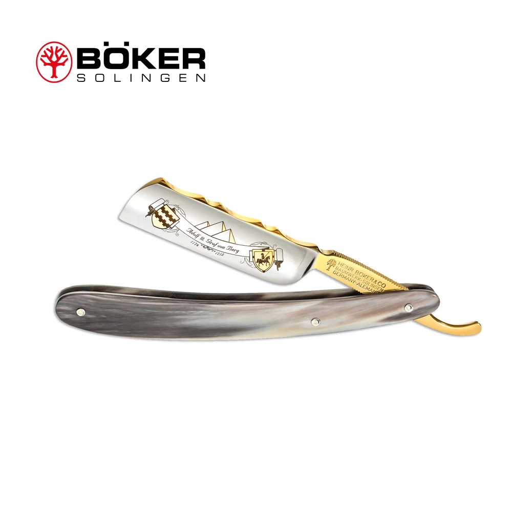 博克BOKER德国复古6/8“法国头碳钢牛角24K金男士修面老式剃刀刮脸