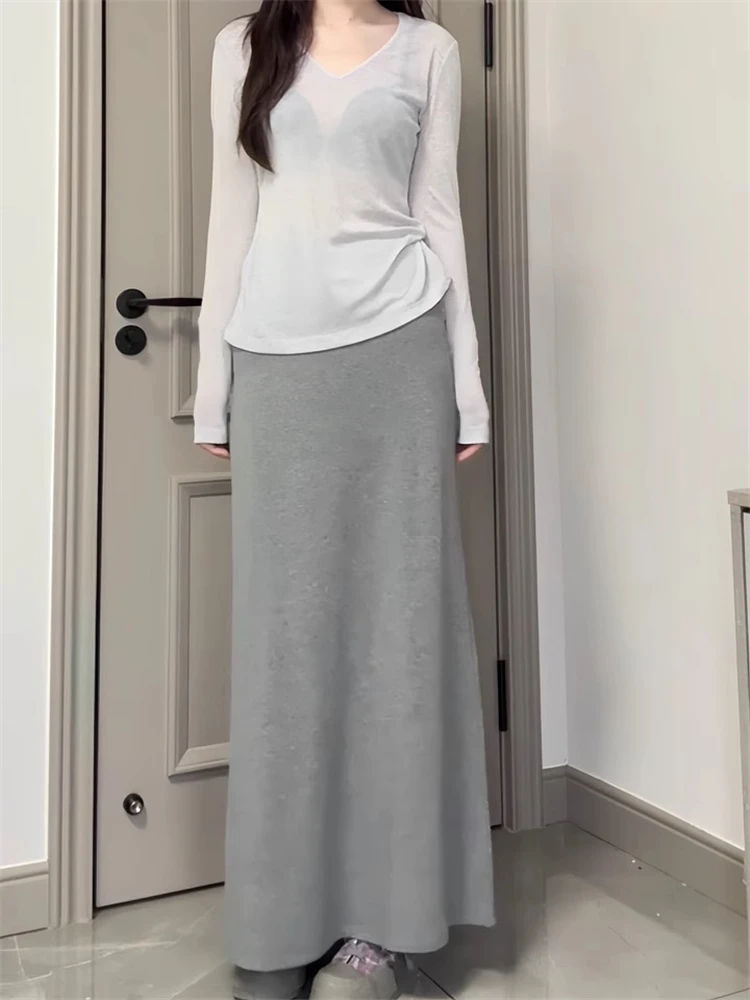 韩系优雅复古灰色半身裙女夏季显瘦软糯松弛感穿搭休闲气质长裙子