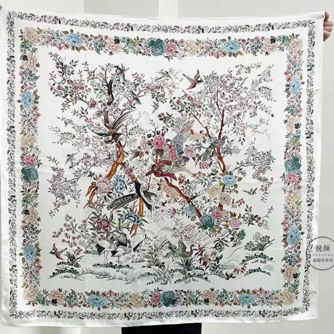 397【百鸟朝凤】90*90左右方巾百搭丝巾薄款大方巾气质围巾