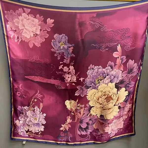 219【紫韵牡丹】110*110左右方巾百搭丝巾中式时尚双色方巾洋气围巾