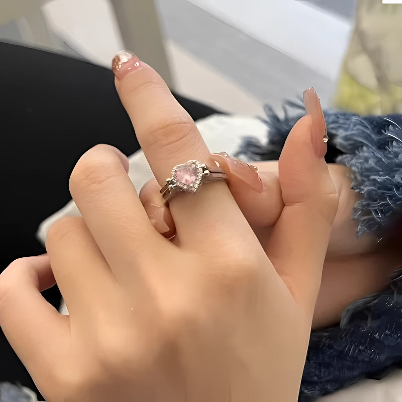 合金锆石戒指 翻转双戒粉色白色镶嵌双钻指环活口戒指环保铜魔戒