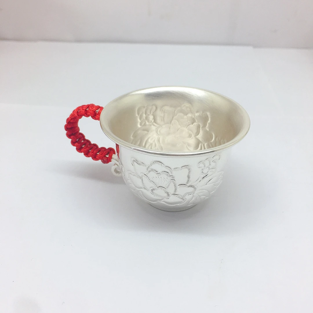 鑫百福 足银银制品 足银999银杯酒杯茶杯牡丹花开富贵手工錾刻
