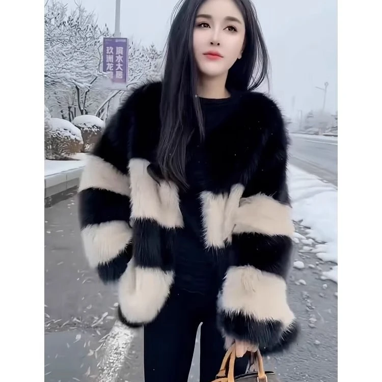 仿水貂绒小香风新款外套黑白条纹撞色宽松时尚慵懒冬季开衫大衣女