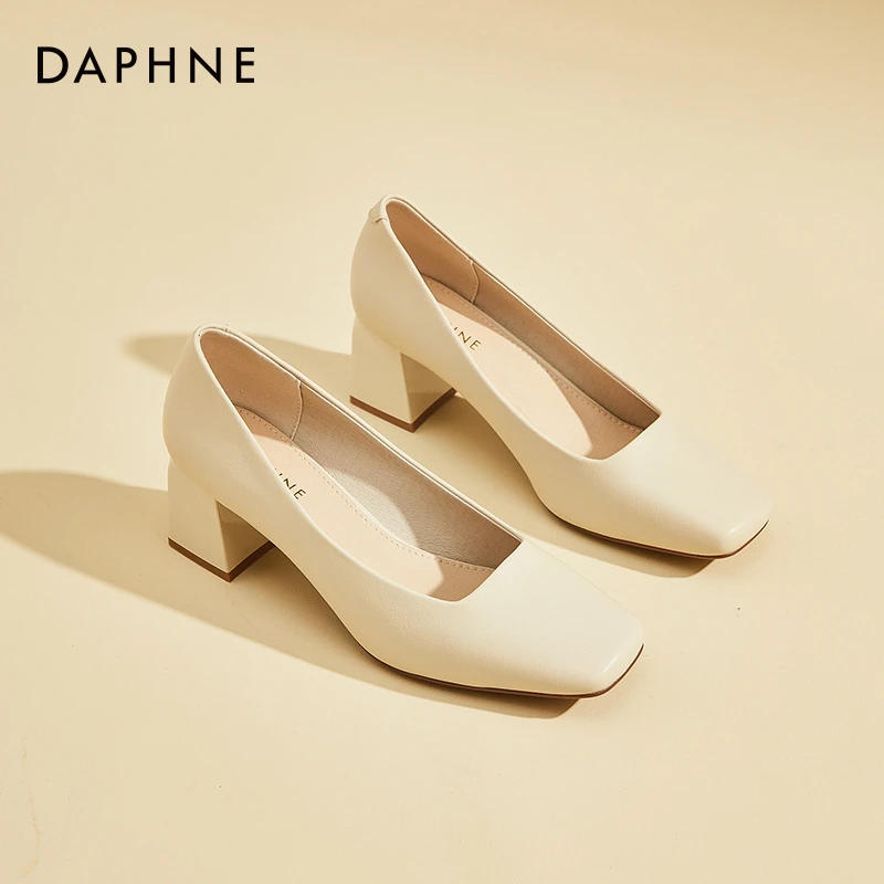 Daphne/达芙妮粗高跟单鞋新款夏季气质百搭浅口一脚蹬女鞋子