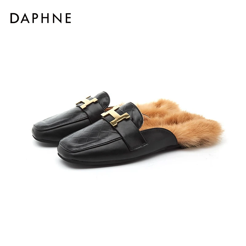 达芙妮新款百搭半拖低跟黑色包头拖