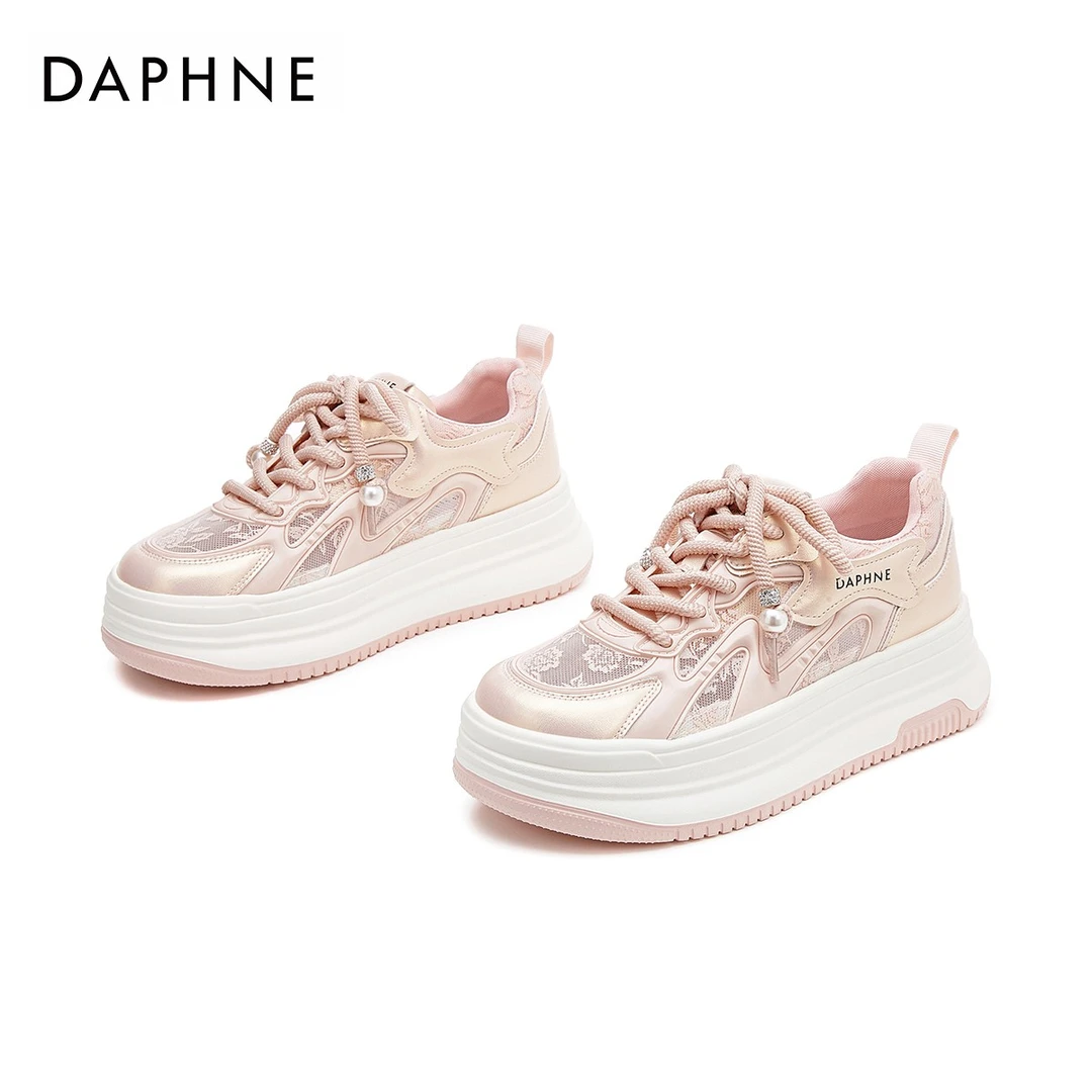 【达芙妮臻品轩专属】时尚百搭夏季小众国风网面系带圆头厚底休闲鞋