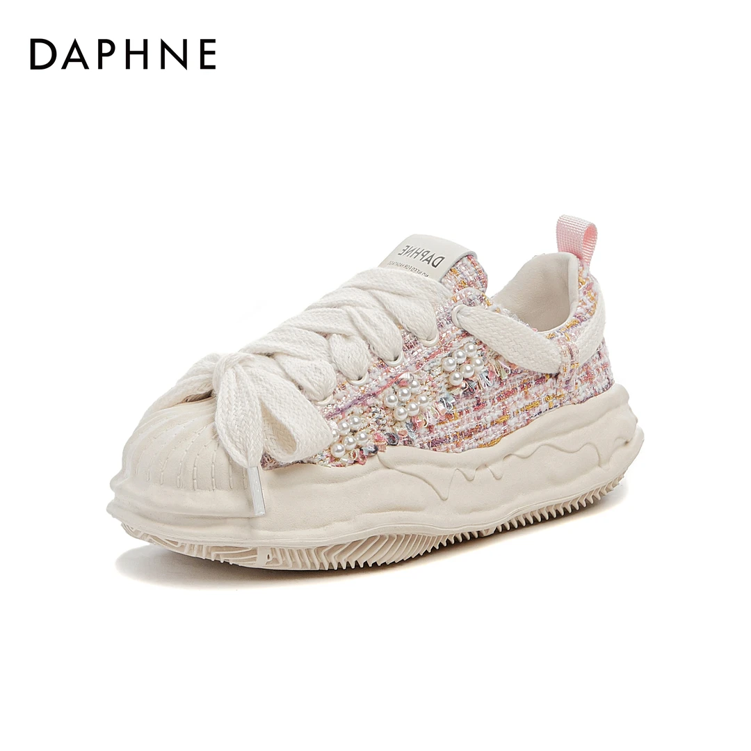 达芙妮春季新款时尚百搭潮流透气圆头厚底低帮系带鞋