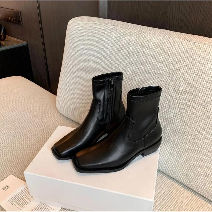 RAORAOWU/4cm/羊皮/34-40/美洋同款方头侧拉链粗跟弹力靴女瘦瘦靴