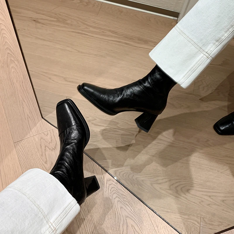 RAORAOWU/5.5cm/羊皮/34-40 方头粗跟法式短靴真皮羊后拉链瘦瘦靴