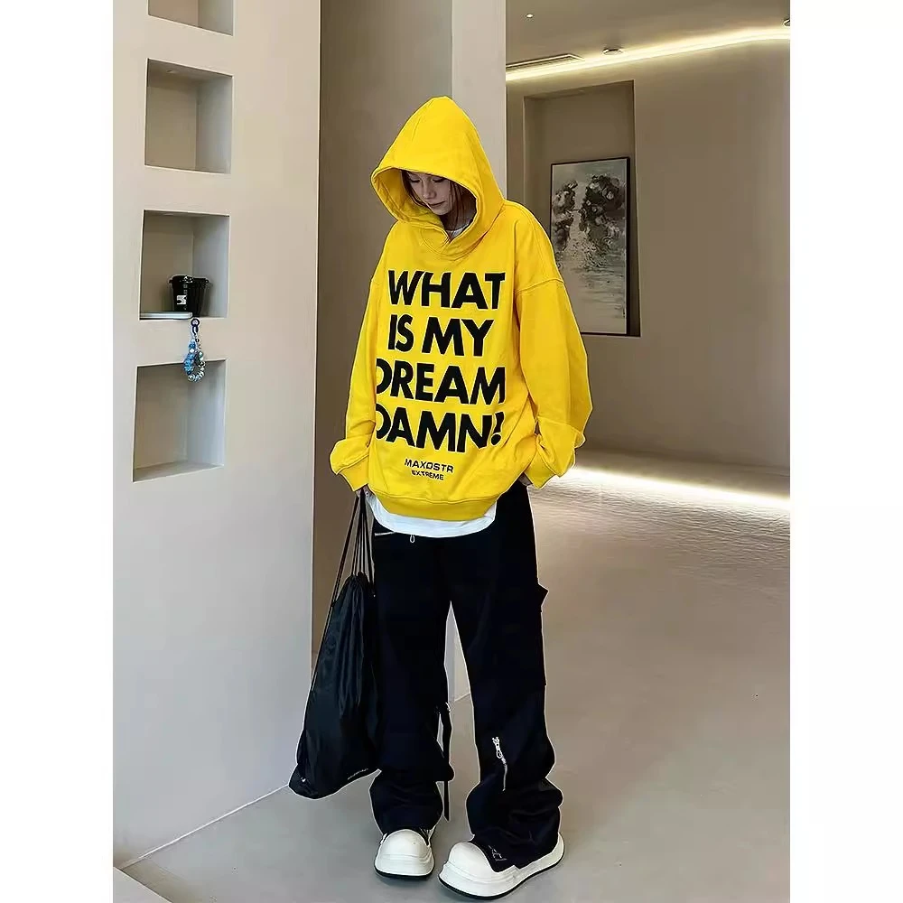 胖MM特大码黄色慵懒风卫衣男女春秋新款美式高街连帽宽松显瘦外套