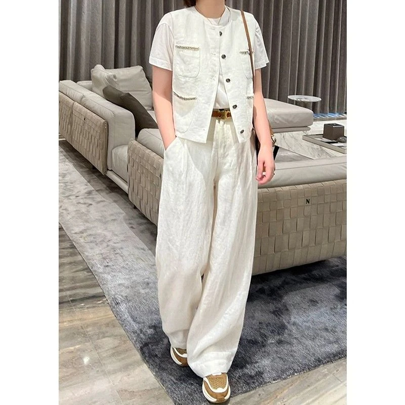 宠爱无名 2色亚麻套装女设计感马甲哈伦裤两件套长裤