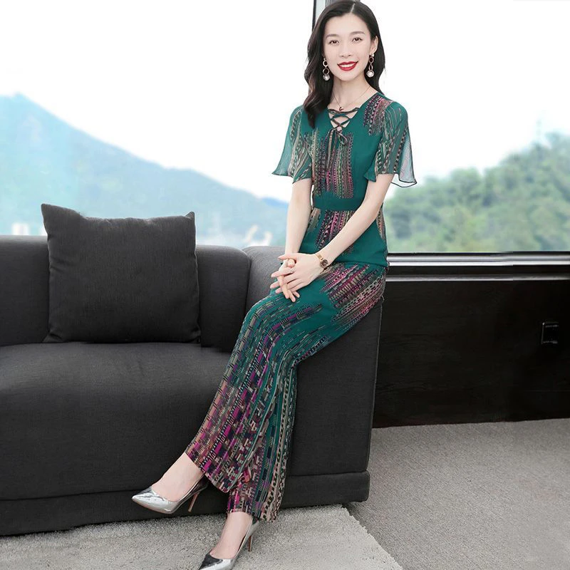 绿色印花连体裤女夏2023新款连身高腰显瘦连衣阔腿裤时尚套装