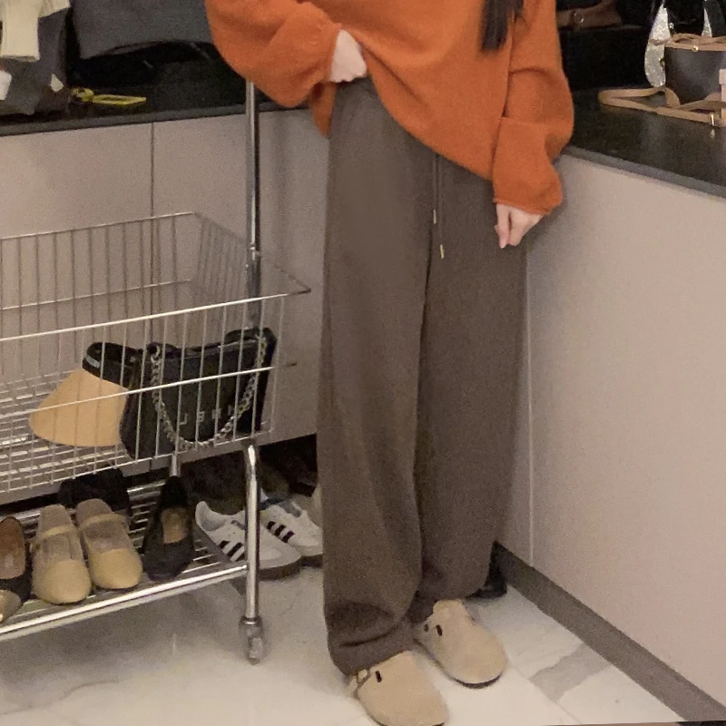 瘦版阔腿裤加绒阔腿裤显瘦百搭秋季运动针织休闲卫裤宽松加绒