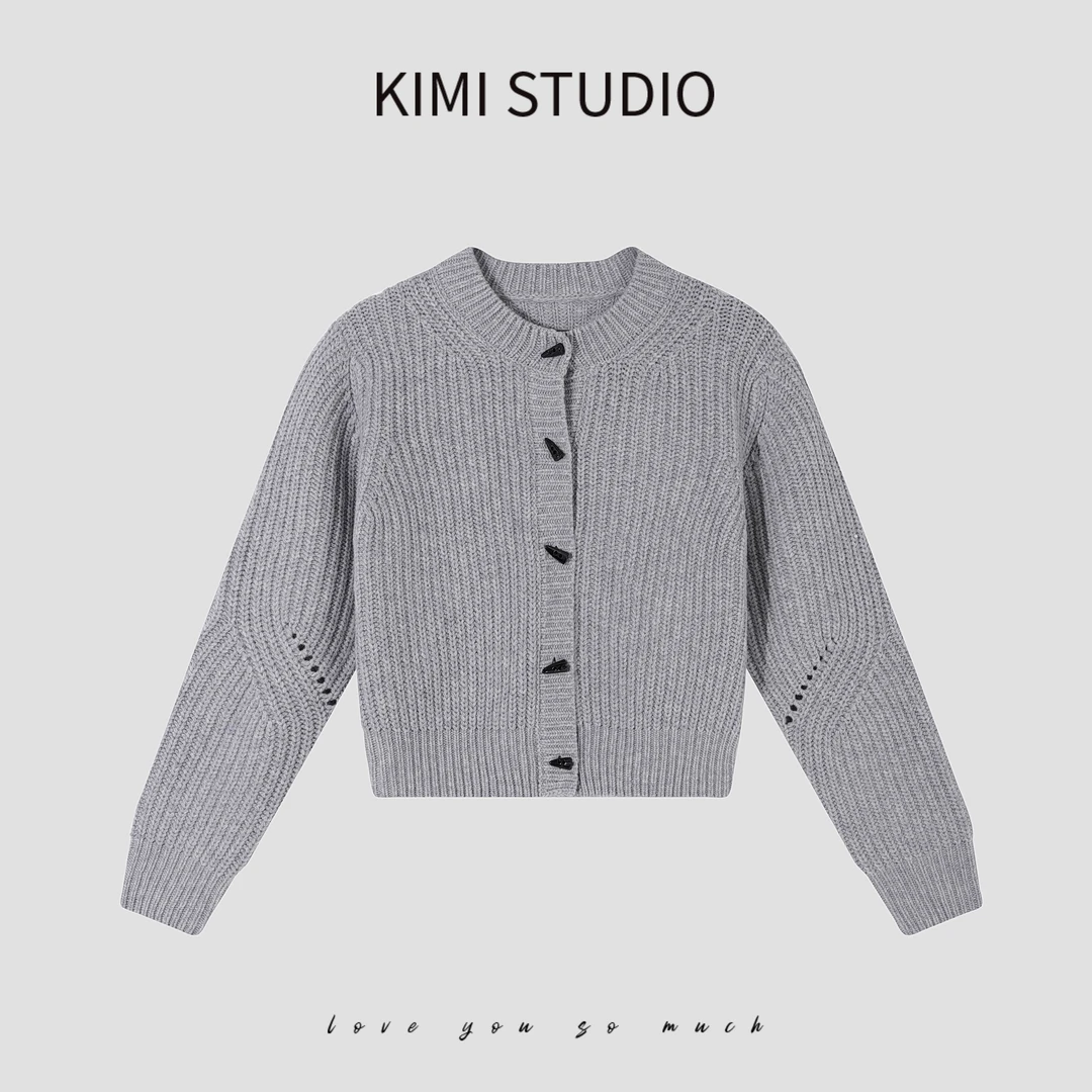 KIMI 100%羊毛牛角扣粗针设计师针织开衫AW241258