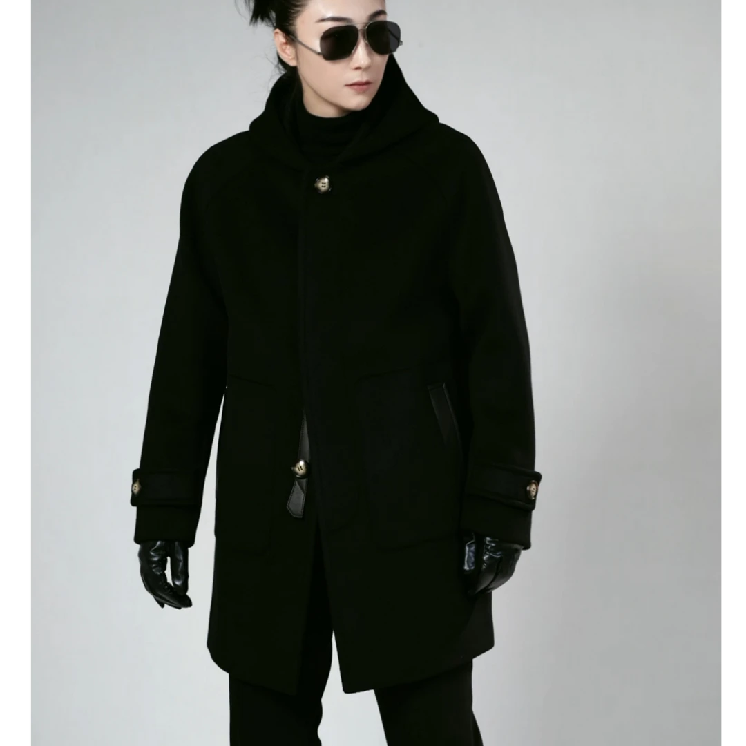 男士时尚连帽羊毛大衣39626秋冬新款男装羊毛羊绒拼皮中长款大衣