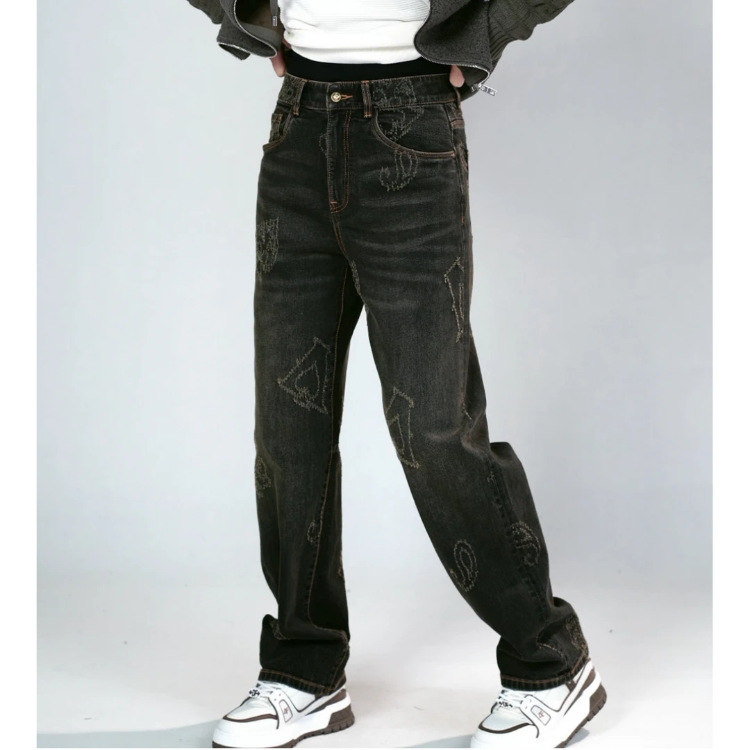 黑桃A系列男士牛仔裤3NZ805春季新款男装个性刮烂提花阔腿牛仔裤