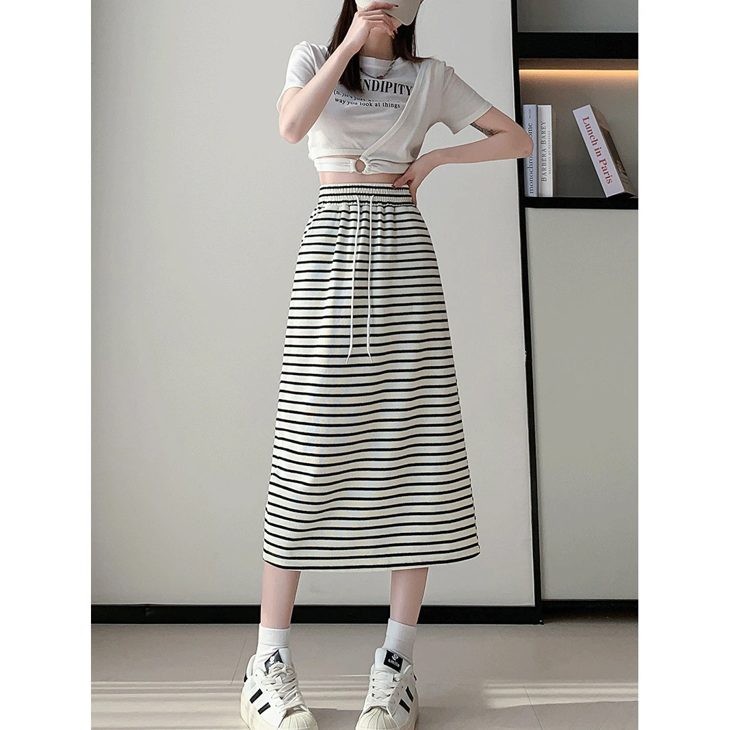 严选条纹设计感半身裙女春秋季新款显瘦高腰时尚慵懒风中长款裙子