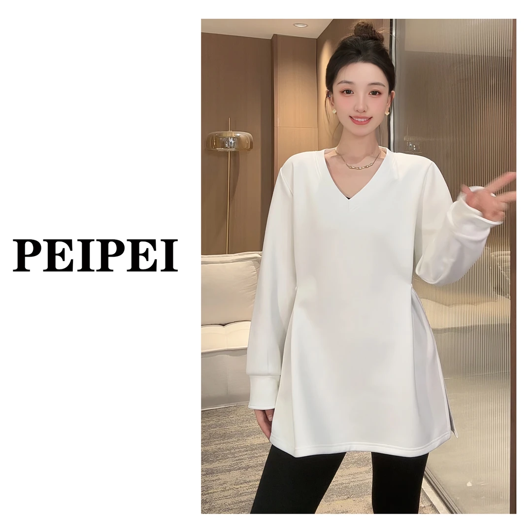 【加绒V领圆领】大领口慵懒纯色宽松百搭休闲大版秋冬加绒长袖T恤女