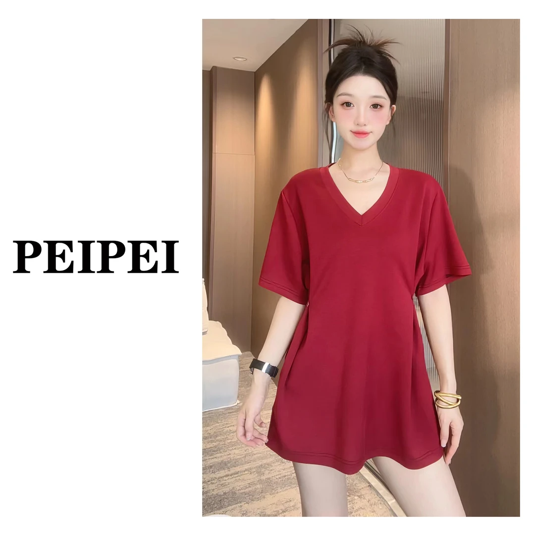 【收腰V领】慵懒大领口纯色宽松百搭休闲大版夏季短袖五分袖T恤女