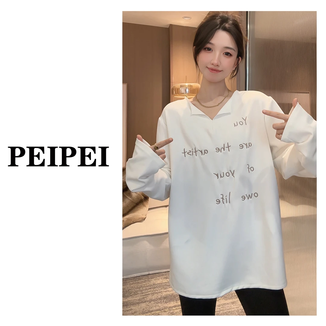 【翻领设计】刺绣慵懒纯色磨毛大领口宽松百搭休闲秋冬长袖T恤女