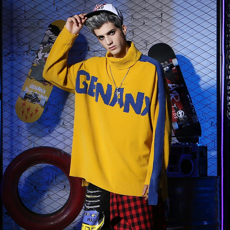 【潮牌福利】秋冬毛衣撞色英文嵌花贴布落肩袖高领休闲B467