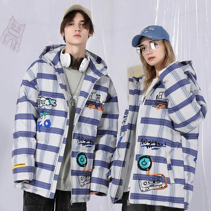 【潮牌福利】外套男冬季情侣涂鸦印花格纹连帽男士羽绒服 TY107