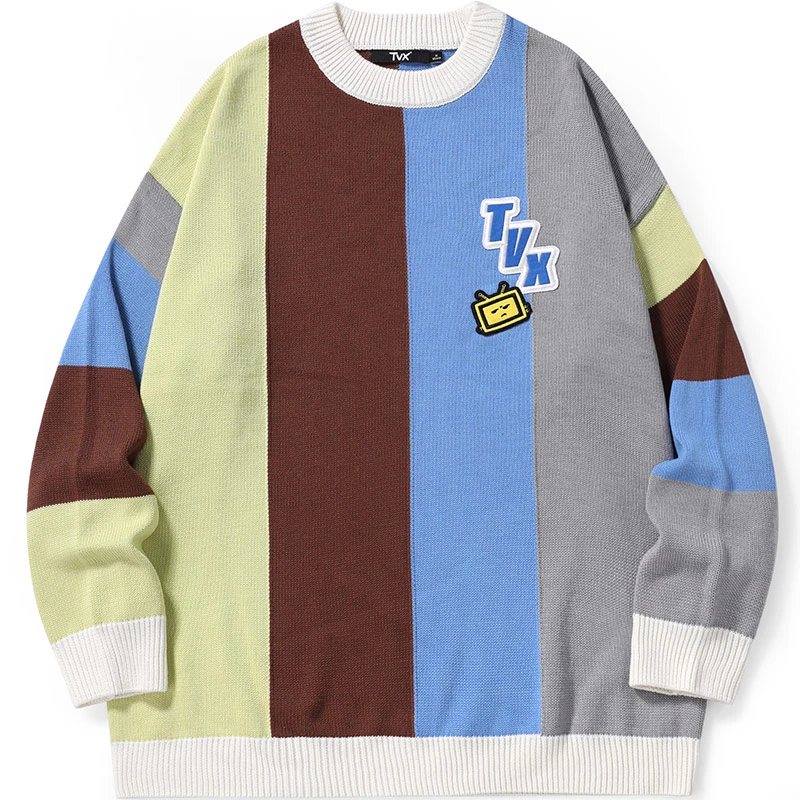 TVX潮牌拼色条纹卡通绣花标圆领毛衣同款套头落肩袖宽松 TVB102