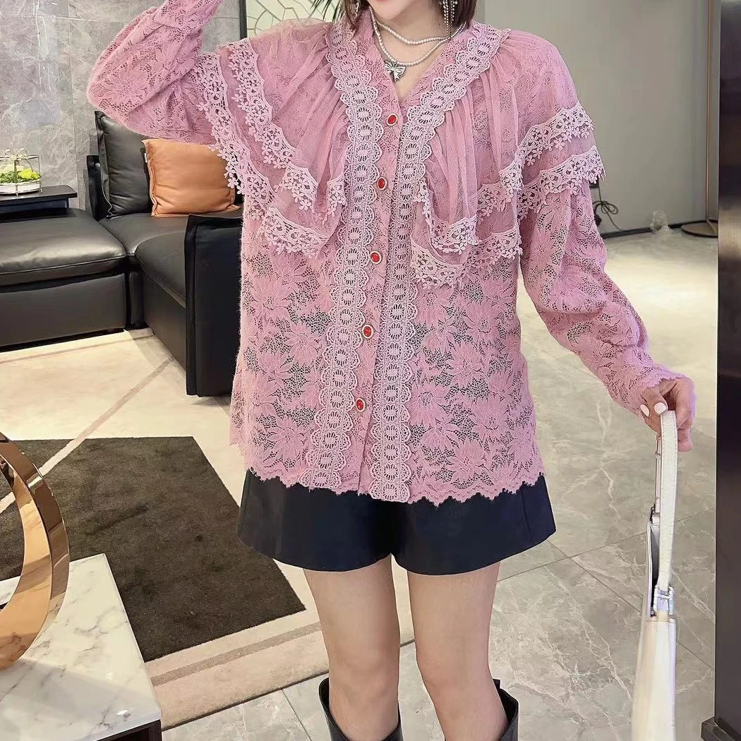 女装蕾丝碎花气质长袖时尚休闲春秋季宽松女士镂空印花