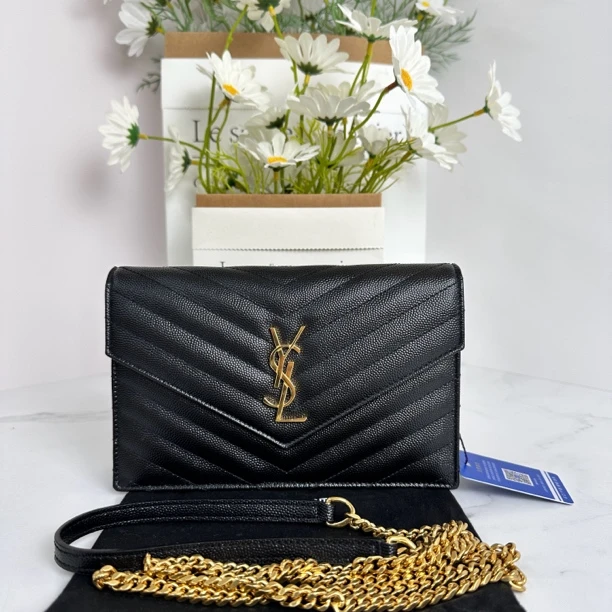 95新 YSL/圣罗兰 98新 鱼子酱黑金信封包小号