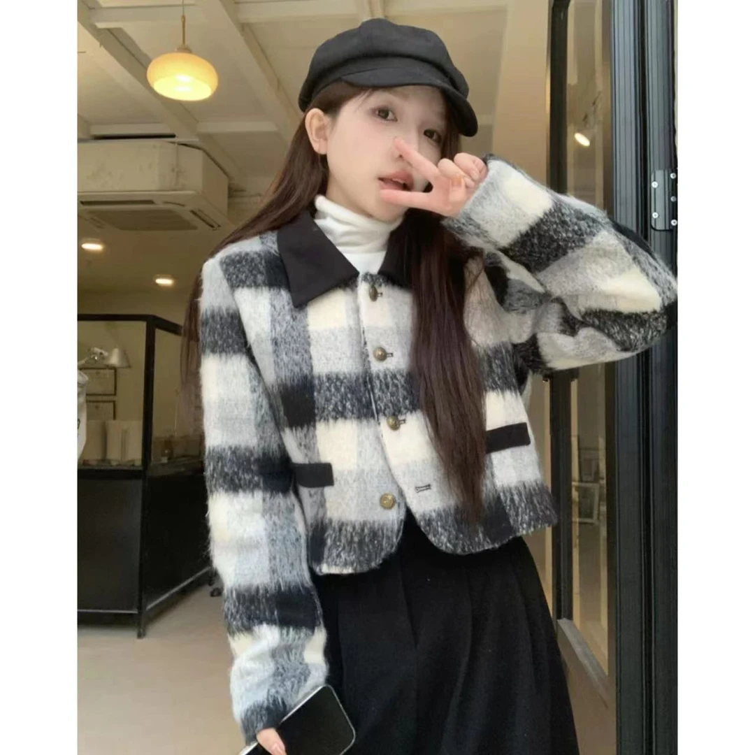 小个子女装秋冬小香风格子毛呢外套女韩版呢子短外套1
