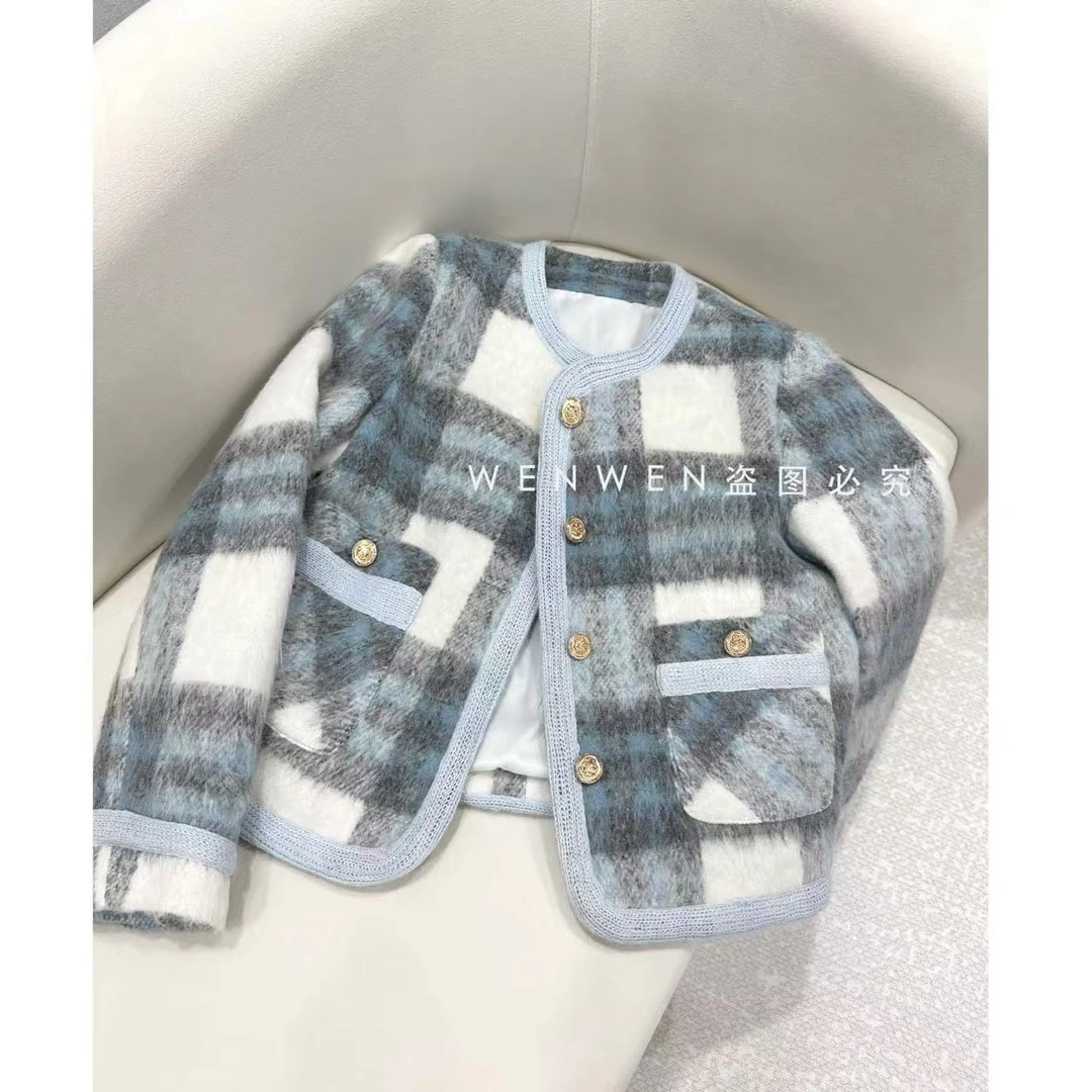 0254韩版洋气蓝色格子小香风女新款冬季气质奶油风时尚保暖外套