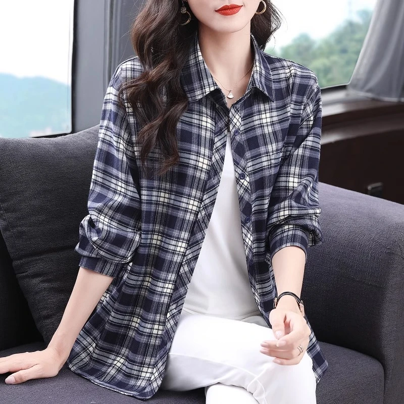 长袖格子衬衫女秋季2025新款女装休闲外套大码中长款开衫外搭上衣