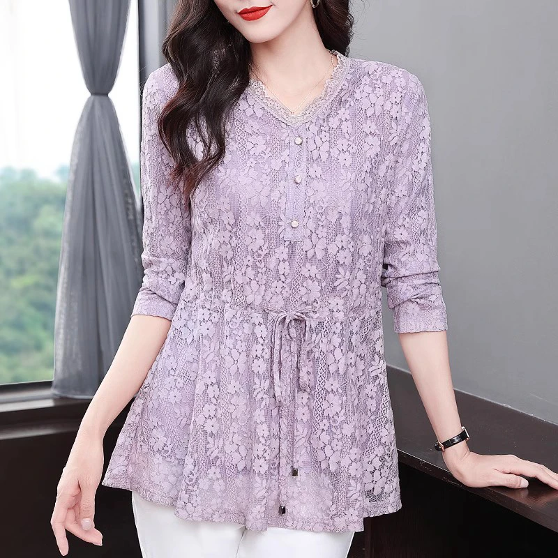 2025年秋季蕾丝打底衫女大码女装遮肚长袖新款中长版收腰显瘦上衣