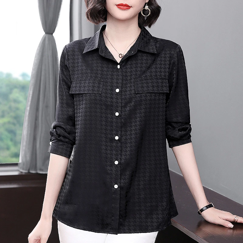 大码女士黑色时尚2025新款春秋长袖雪纺小衫中年妈妈休闲衬衣外套