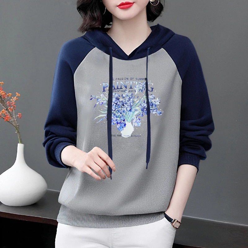 宽松连帽印花卫衣外套女2025年春秋款妈妈装时尚洋气撞色拼接上衣