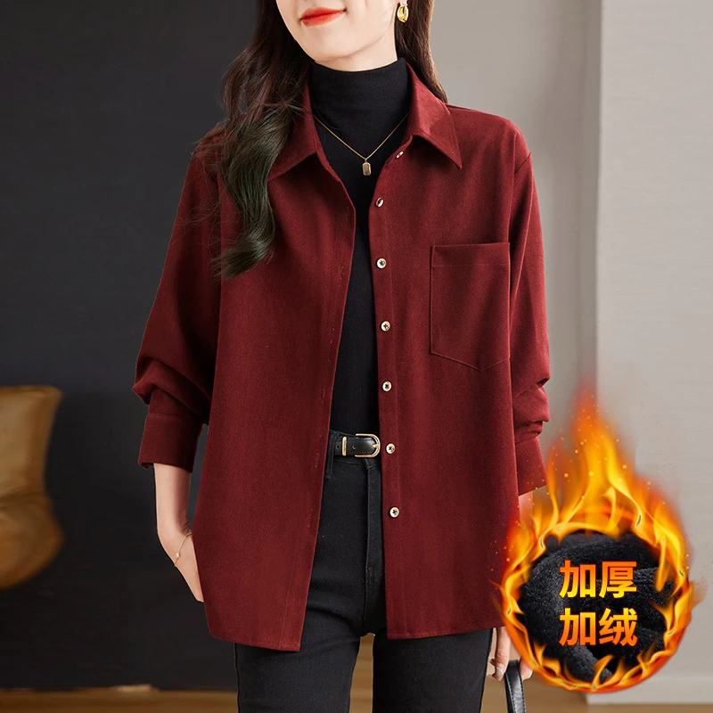 高端灯芯绒衬衫女秋冬加绒新款大码开衫磨毛外套洋气长袖加厚衬衣