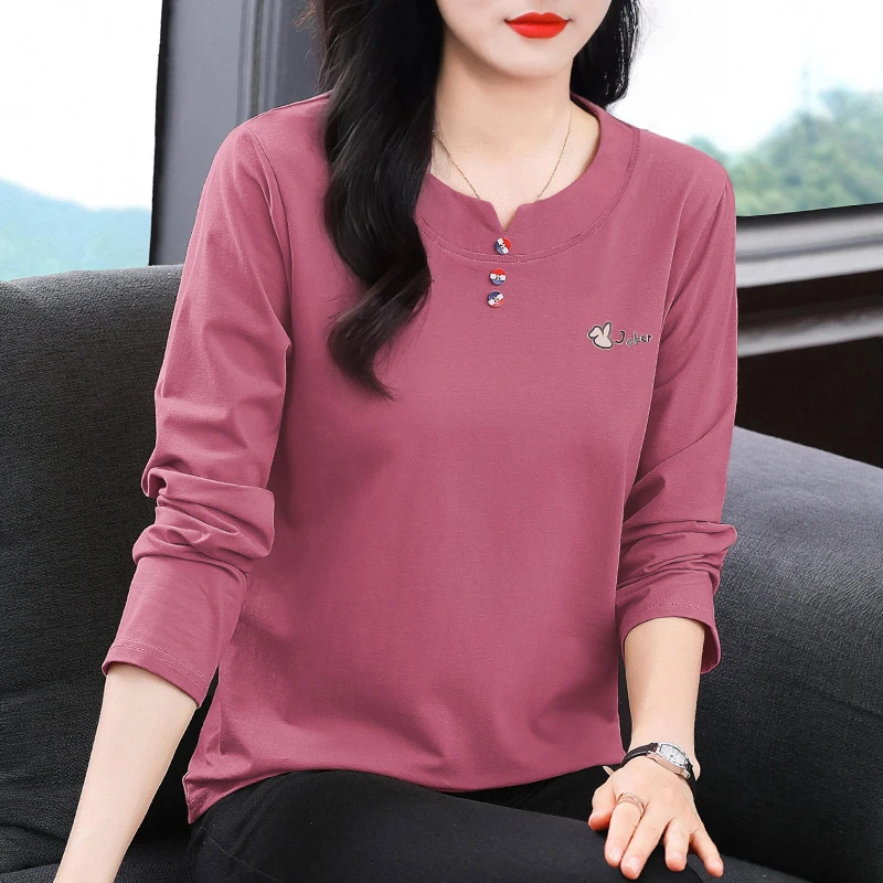 中年女士长袖t恤2025秋季妈妈秋装宽松大码上衣洋气v领时尚打底衫