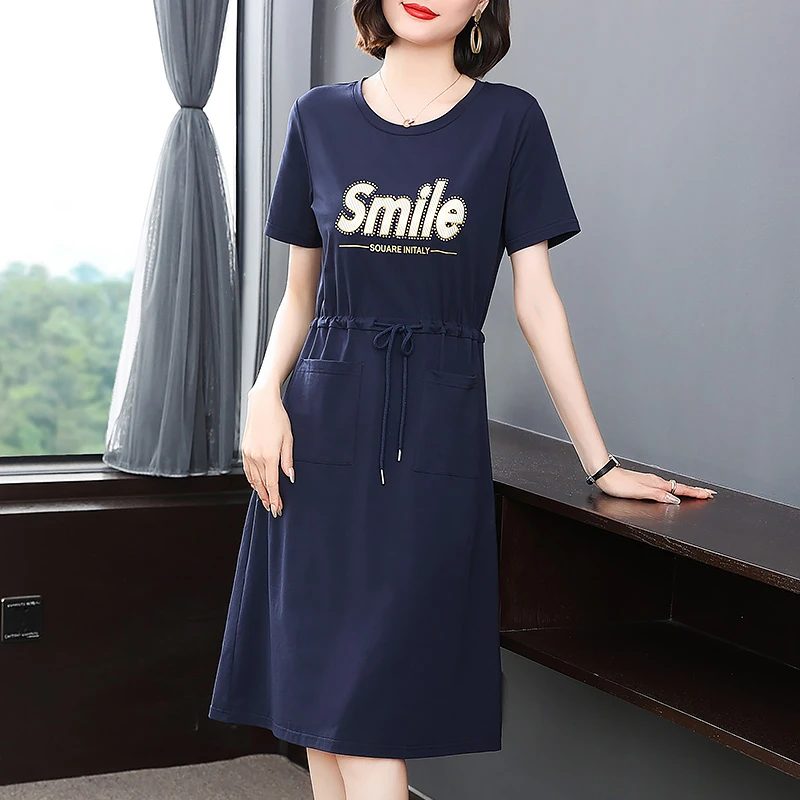 休闲短袖连衣裙女2025年新款夏季宽松收腰显瘦女士妈妈连衣裙大码