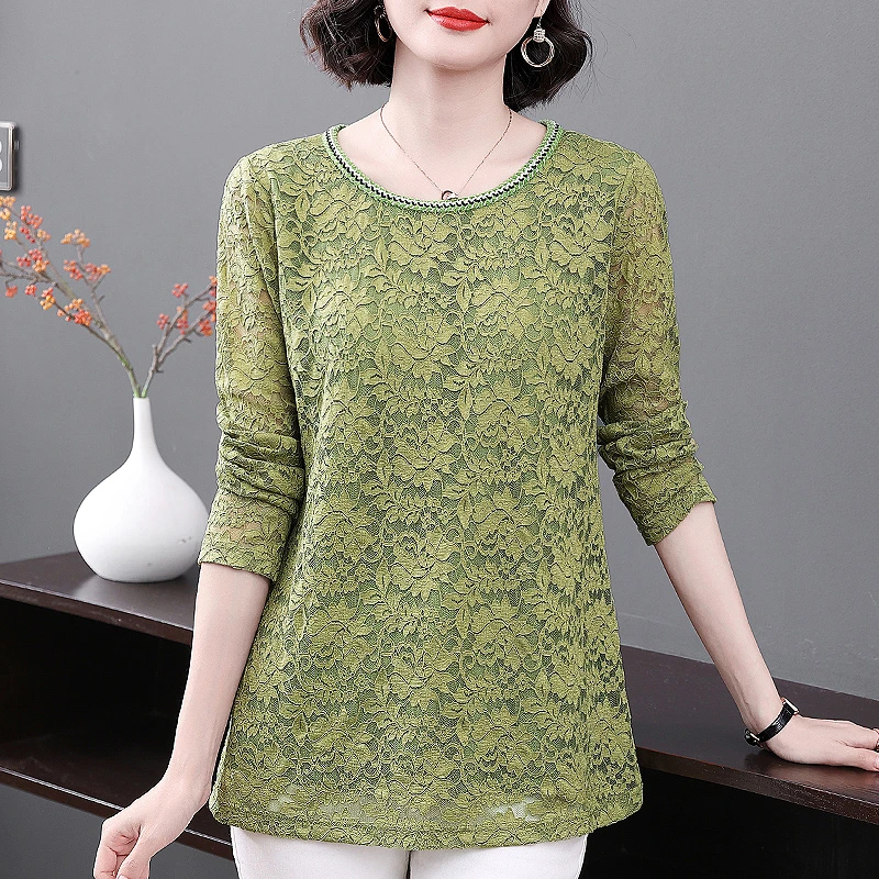 蕾丝打底衫女秋季2025年新款洋气绿色小衫中长款宽松长袖内搭上衣