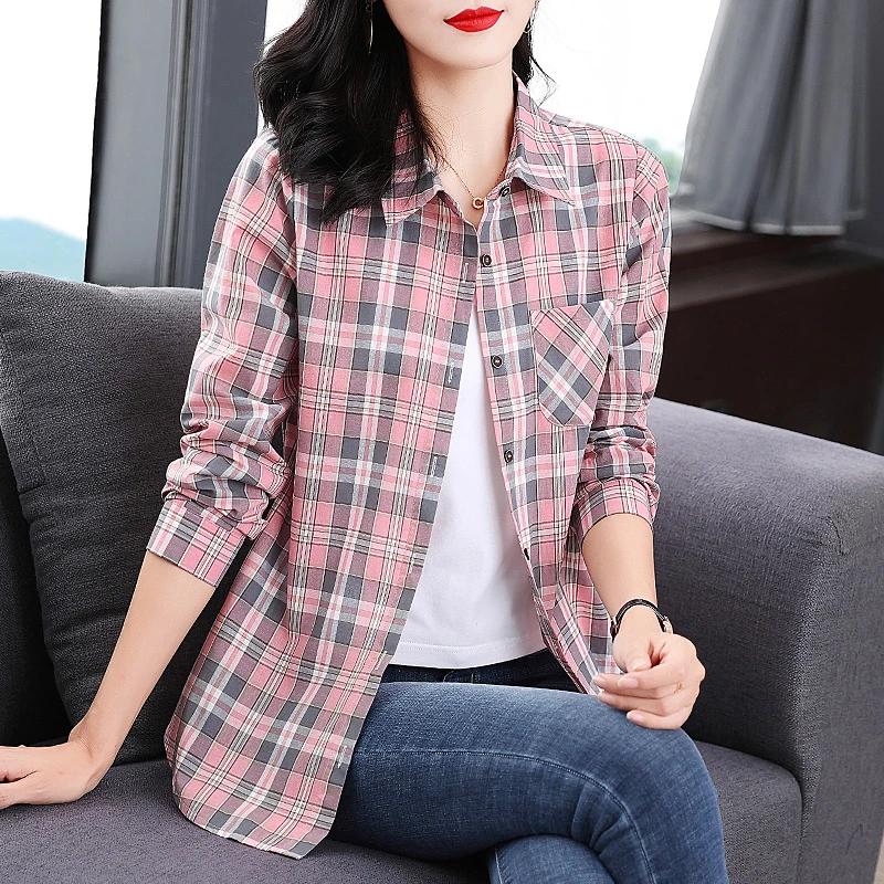 长袖格子衬衫女春秋季时尚宽松衬衣中长款休闲上衣外搭初秋穿搭